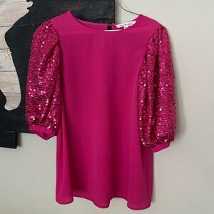 Vine & Love Hot Pink Sequin Short Sleeve Blouse